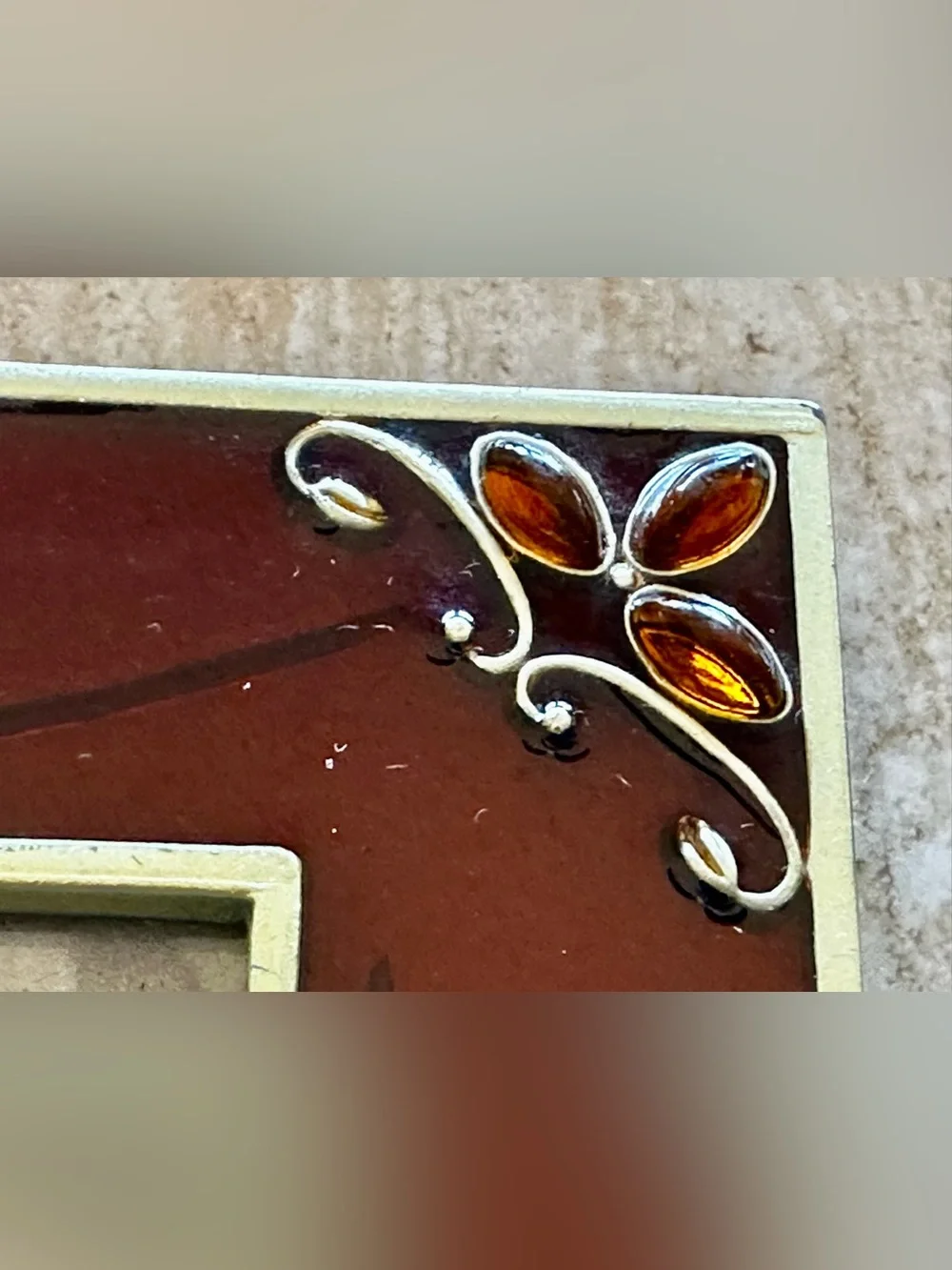 Vntg 2004 Burnes Boston red Enamel picture frame jeweled corner accents 3.5x5.5